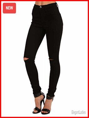 Women's Stretch Skinny Jeans High Waisted Slit Ripped Knee Denim Pants